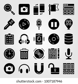 Essentials icon set vector. placeholder, play button, zoom out and mic