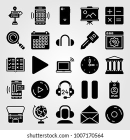 Essentials icon set vector. smartphone, bank, play and record button