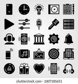 Essentials icon set vector. smartphone, bank, target and heart