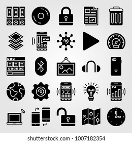 Essentials icon set vector. wall clock, laptop, planet and unlock