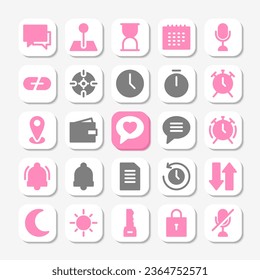Essentials icons in glyph style for user interface, mobile and website design. Including time, notification, callendar, microphone, timer, alarm, and others.
