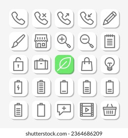 Essentials icons in line style for user interface, mobile and website design. Including call, contact, store, notes, battery, and others.