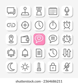 Essentials icons in line style for user interface, mobile and website design. Including time, notification, callendar, microphone, timer, alarm, and others.