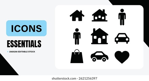 Ícones essenciais pacote Casa, usuário, carro, coração, mais. 256 256 Editável