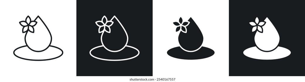 Essentials oil drop icon set. Vector symbols in black and white colors.