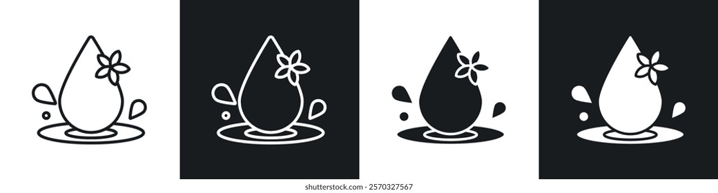 Essentials oil drop icons vectors set in black. line and flat versions