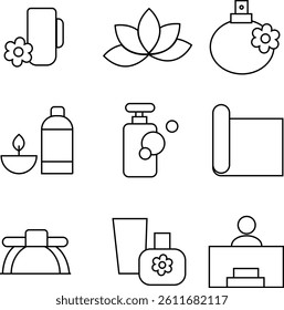 “Wellness essentials: oils, lotus, spray, mats, lotions, candles, reception — a full spa experience in icons. Transparent background”