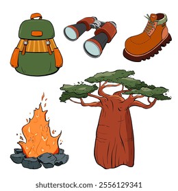 Essentials for Outdoor Adventure, Exploring Nature, and Enjoying the Great Outdoors Gear. Vector illustration. Tourism