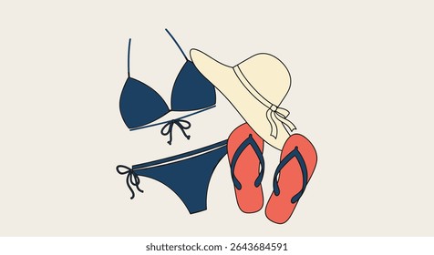 Essentials for a Sunny Beach Day Swimsuit Hat and Sandals on White Background