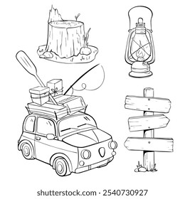 Essentials for an Unforgettable Camping Adventure Car, Lantern, and Signpost for Guidance. Vector sketch illustration. Tourism