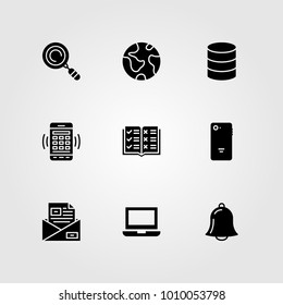 Essentials vector icon set. alarm, planet, email and smartphone