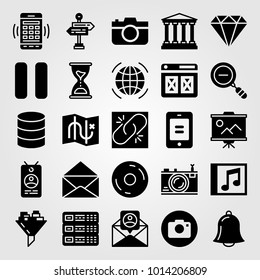 Essentials vector icon set. bank, server, browser and compact disk