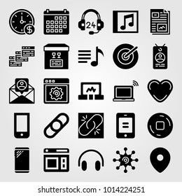 Essentials vector icon set. headphones, broken link, wall clock and mail