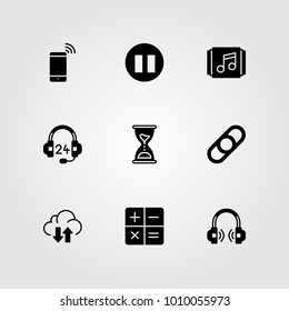 Essentials vector icon set. link, playlist, smartphone and headset