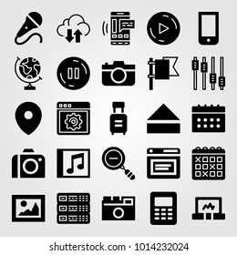 Essentials vector icon set. mic, compact disk, trolley and placeholder