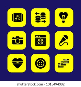 Essentials vector icon set. mic, playlist, photo camera and database