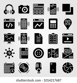 Essentials vector icon set. planet, file, compact disk and book
