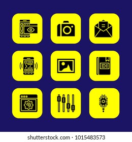 Essentials vector icon set. settings, photo camera, microphone and picture