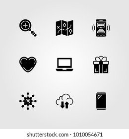 Essentials vector icon set. smartphone, heart, zoom in and transfer