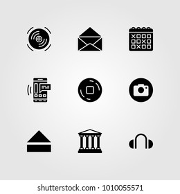 Essentials vector icon set. stop button, button, compact disk and calendar