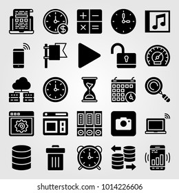 Essentials vector icon set. unlock, dashboard, photo camera and search