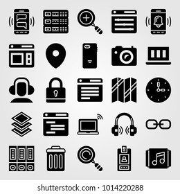 Essentials vector icon set. wall clock, link, laptop and id card