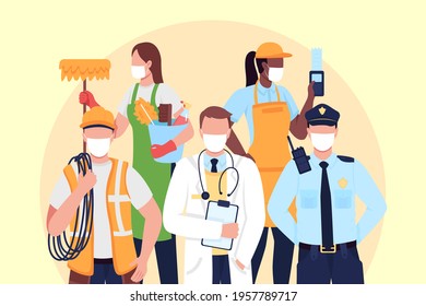 Essentials workers flat concept vector illustration. Courier, doctor in medical face mask. Frontliners 2D cartoon characters for web design. Key staff during coronavirus pandemic creative idea