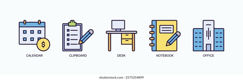 Essentials Of The Workspace Icon Set Isolated Vector With Icon Of Calendar, Clipboard, Desk, Notebook, Office In Outline Color Style