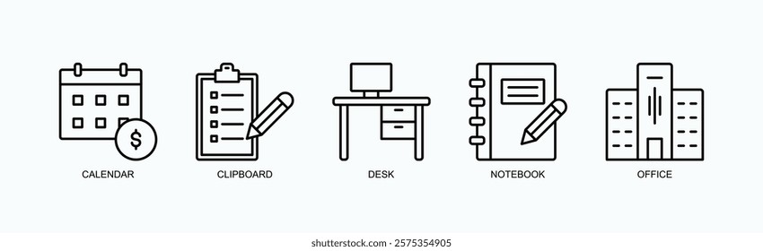 Essentials Of The Workspace Icon Set Isolated Vector With Icon Of Calendar, Clipboard, Desk, Notebook, Office In Outline Style