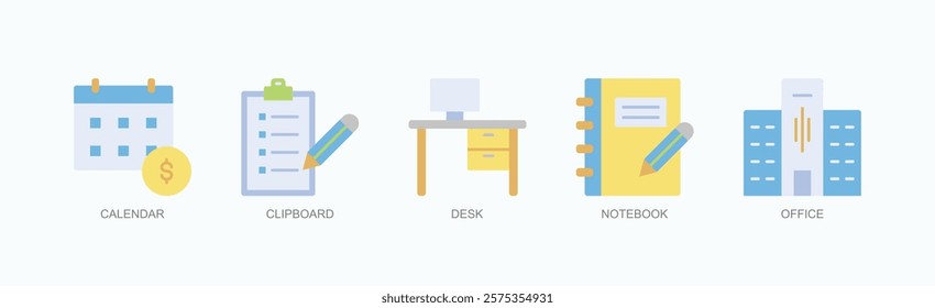 Essentials Of The Workspace Icon Set Isolated Vector With Icon Of Calendar, Clipboard, Desk, Notebook, Office In Flat Style