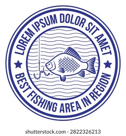 Establish an authentic brand presence with this premium circular fishing area stamp logo design. Rendered as a classic round postal seal emblem, the central illustration features a highly detailed carp fish swimming through linear water waves toward a baited hook with an earthworm. Framed by a double-ring border embedded with bold circular typography and clean decorative stars, this timeless blue vector graphic is perfectly suited for local fishing clubs, lake resorts, tackle shops, and outdoor sports apparel branding.#FishingLogo #FishingStamp #BestFishingArea #CarpFishing #VintageEmblem #OutdoorSportLogo #AnglerBadge #VectorGraphic #BrandIdentity #MarineClubDesign