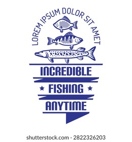 Establish a bold brand presence with this premium vintage incredible fishing anytime badge logo design. The stacked graphic layout showcases three detailed freshwater fish species illustrations—a pike, a perch, and a carp—framed by arched top typography. It is anchored below by an eye-catching geometric layered ribbon banner featuring bold typography and clean decorative stars. This blue vector graphic template serves as an exceptional visual asset for sporting goods brands, local bait shops, angling tournament flyers, and outdoor hobby clubs.#FishingLogo #AnglerBadge #FreshwaterFish #IncredibleFishing #VintageEmblem #OutdoorSportLogo #FishingClub #VectorGraphic #BrandIdentity #RetroLogoDesign