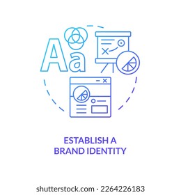 Establecer el icono de concepto de degradado azul de identidad de marca. Fabricación de contenido. Importancia de calidad de sitio web abstracta idea de la ilustración de línea delgada. Dibujo de contorno aislado. Se usa una fuente Myriad Pro-Bold