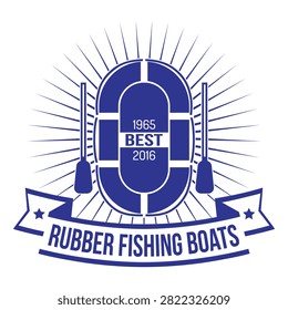 Establish a classic brand identity with this premium vintage rubber fishing boats badge logo design. Framed by a dynamic retro sunburst pattern, the central illustration features a top-down view of an inflatable dinghy raft flanked by dual rowing oars. Complete with an elegant bottom ribbon banner featuring clean bold typography and decorative stars, this versatile blue vector graphic template is ideal for marine manufacturing companies, inflatable watercraft shops, outdoor adventure brands, and local fishing rental services.#RubberBoatsLogo #InflatableRaft #FishingBadge #VintageEmblem #MarineBranding #OutdoorAdventure #BoatRentalLogo #VectorGraphic #BrandIdentity #RetroLogoDesign