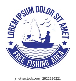Establish a classic brand identity with this premium circular free fishing area badge logo design. Framed inside a clean round border with elegant typography and decorative stars, the central illustration features a fisherman's silhouette catching a splashing fish from a small boat surrounded by water waves and flying seagulls. Complete with a bold bottom ribbon banner, this retro-style blue vector graphic template is ideal for local angling clubs, lake resorts, marine charter businesses, and outdoor hobby apparel branding.#FishingLogo #AnglerBadge #FreeFishingArea #FishermanSilhouette #VintageEmblem #OutdoorSportLogo #BoatFishing #VectorGraphic #BrandIdentity #MarineClubDesign