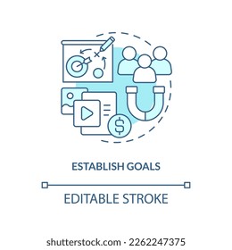 Establish goals turquoise concept icon. Get started with social media advertising abstract idea thin line illustration. Isolated outline drawing. Editable stroke. Arial, Myriad Pro-Bold fonts used