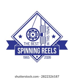 Establish a long-standing brand identity with this premium vintage spinning reels badge logo design. Framed inside a sharp diamond border with decorative stars, the emblem highlights a detailed fishing reel component layout anchored by a prominent ribbon banner across the front. This classic, retro-style graphic template is perfectly suited for historical bait and tackle shops, outdoor sports brands, local angling service companies, and custom gear manufacturers looking to display their rich craftsmanship and authority since 1965.#SpinningReelsLogo #FishingShopBranding #VintageEmblem #TackleShopDesign #RetroBadge #AnglingGear #LocalBusinessLogo #VectorGraphic #BrandIdentity #OutdoorSports