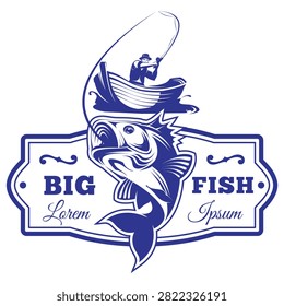Establish a powerful brand identity with this premium Big Fish vintage logo badge design. The energetic composition highlights a detailed fisherman silhouette reeling in a massive, splashing bass fish from a traditional wooden rowboat. Set against an elegant horizontal shield frame with clean borders and classic typography placeholders, this versatile blue vector graphic template is perfectly optimized for marine charter businesses, local angling clubs, lake fishing resorts, and custom outdoor sporting apparel.#BigFishLogo #AnglerBadge #FishermanSilhouette #VintageEmblem #SportFishing #BassFishing #BoatFishing #OutdoorAdventure #VectorGraphic #BrandIdentity