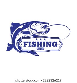 Establish a powerful community presence with this premium fishing club vintage logo badge design. The energetic composition showcases a highly detailed silhouette of a jumping trout or salmon caught on a curved line, splashing dynamically behind a classic horizontal rectangular shield frame. Embellished with three decorative stars and clean bold typography, this versatile blue vector graphic template is ideal for local angling tournaments, recreational fishing associations, outdoor charter services, and sporting apparel branding.#FishingClubLogo #AnglingAssociation #FishSilhouette #VintageEmblem #SportFishing #TroutFishing #OutdoorAdventure #VectorGraphic #BrandIdentity #RetroBadgeDesign