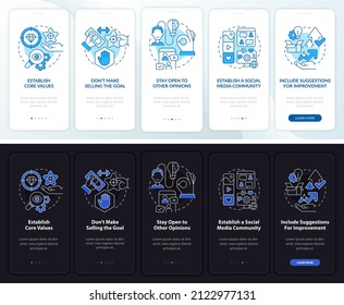 Establish transparency night and day mode onboarding mobile app screen. Walkthrough 5 steps graphic instructions pages with linear concepts. UI, UX, GUI template. Myriad Pro-Bold, Regular fonts used