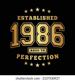 1986 gegründet. Bis zur Perfektion gealtert. Authentisches T-Shirt-Design. Vektorgrafik und Illustration.