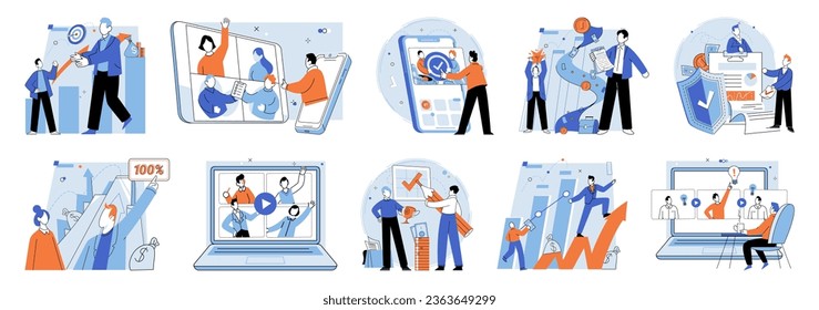 Established business. Vector illustration. Cooperation among employees is crucial for achieving business goals Finance plays vital role in business operations and growth Growth is objective every