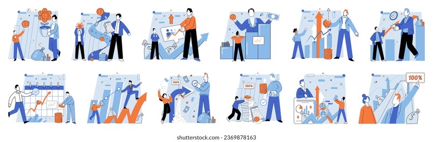 Established business. Vector illustration. Men and women cbe successful businessmen in corporate world Concepts drive innovation and shape business strategies Flat design elements create modern