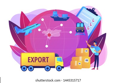 Established international trade routes. Selling goods overseas. Export control, export controlled materials, export licensing services concept. Bright vibrant violet vector isolated illustration