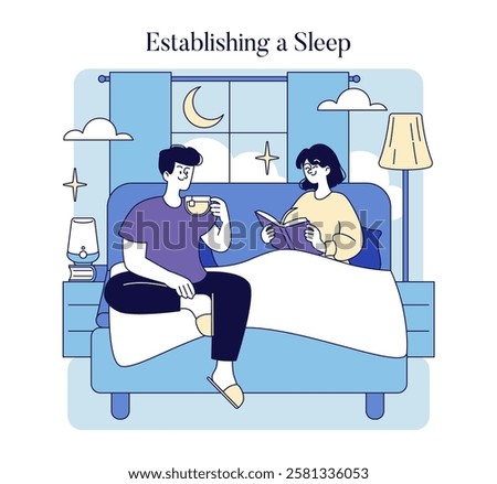 Establishing a Sleep concept. A scene of a couple enjoying a calming bedtime routine, with cozy elements that promote relaxation before sleep. The ambiance conveys comfort and tranquility for restful