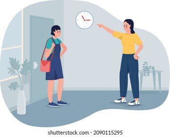 Establishing teenager curfew 2D vector isolated illustration. Annoyed mother scolding girl for getting home late flat characters on cartoon background. Excessive parental control colourful scene