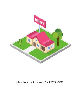 Estate agency concept. Rent cottage icon. Vector isometric illustration.