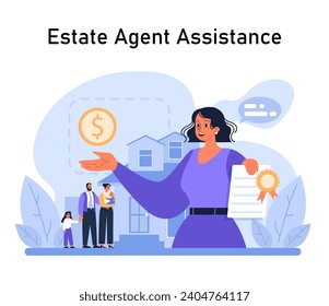 Concepto de asistencia a agentes inmobiliarios. Los agentes calificados ayudan a la familia en la compra de viviendas, haciendo hincapié en las transacciones financieras y la documentación verificada. Adquisición ininterrumpida de bienes. Ilustración vectorial plana.