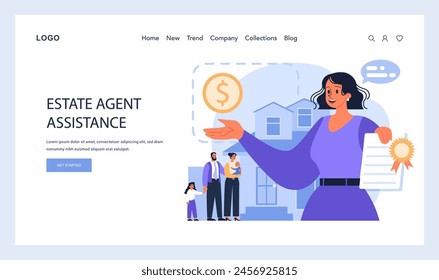 Estate Agent Assistance concept. Skilled agent aids family in home purchase, emphasizing financial transactions and verified documentation. Seamless property acquisition. Flat vector illustration.