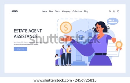 Estate Agent Assistance concept. Skilled agent aids family in home purchase, emphasizing financial transactions and verified documentation. Seamless property acquisition. Flat vector illustration.